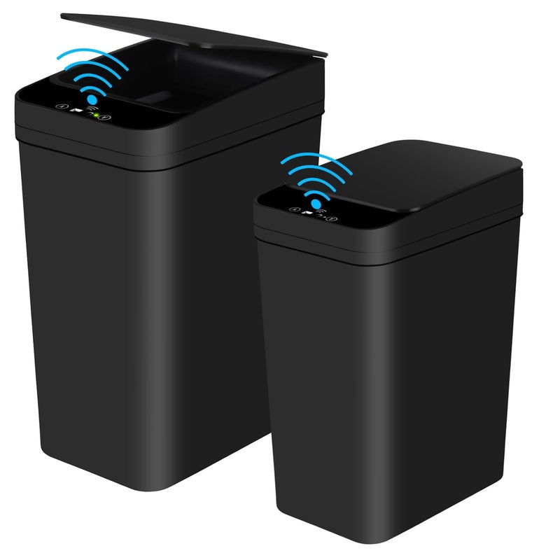 Anborry Bathroom Automatic Trash Can 2 Pack 2.2 Gal & 4 Gal Touchless Motion Sensor Small Garbage Can with Lid Smart Electric Narrow Garbage Bin for Bedroom Office Kitchen (Black) - Image 1